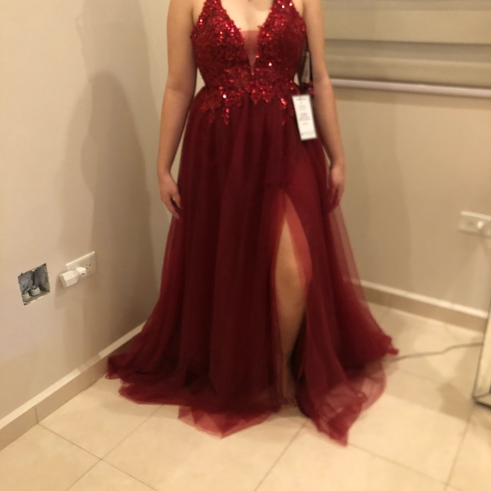 Macy's Burgundy Sequin Prom Dress